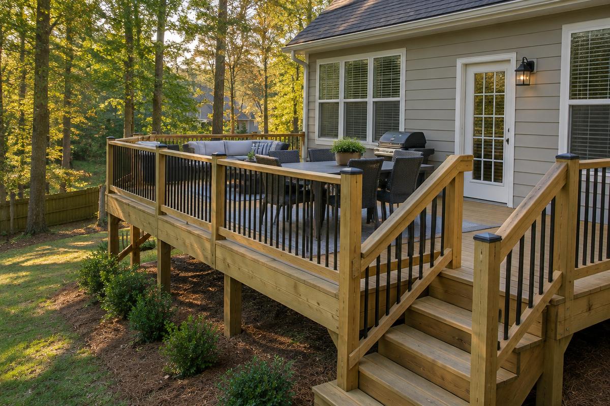 New wooden backyard deck with black balusters and stairs beside a wooded yard