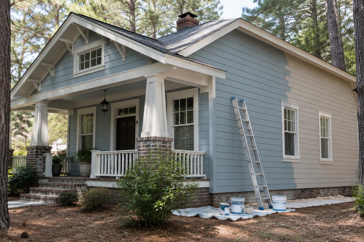 Craftsman home partly repainted in blue-gray with a ladder and paint cans beside the siding