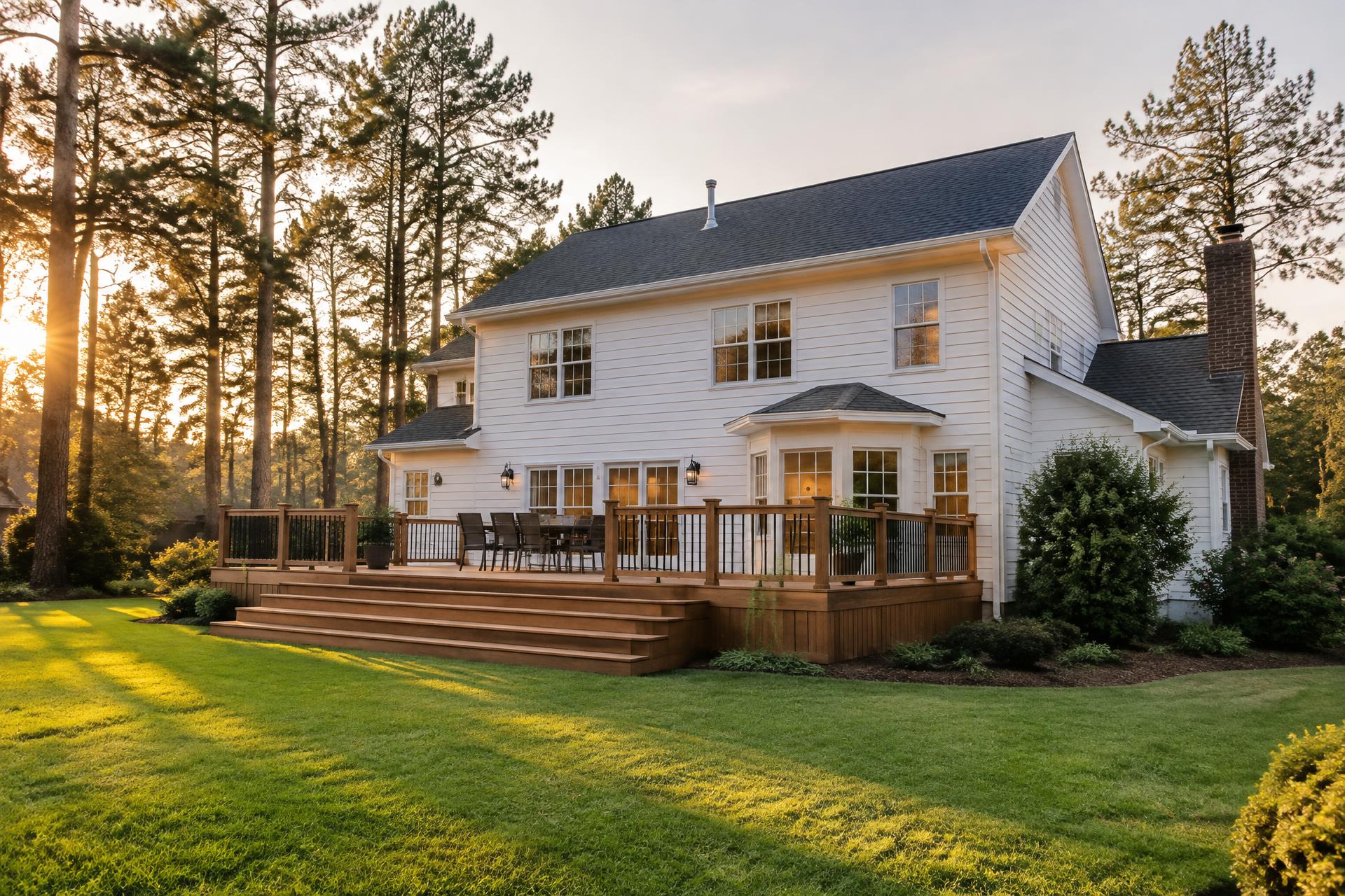 White two-story North Carolina home with a new wooden deck at sunset