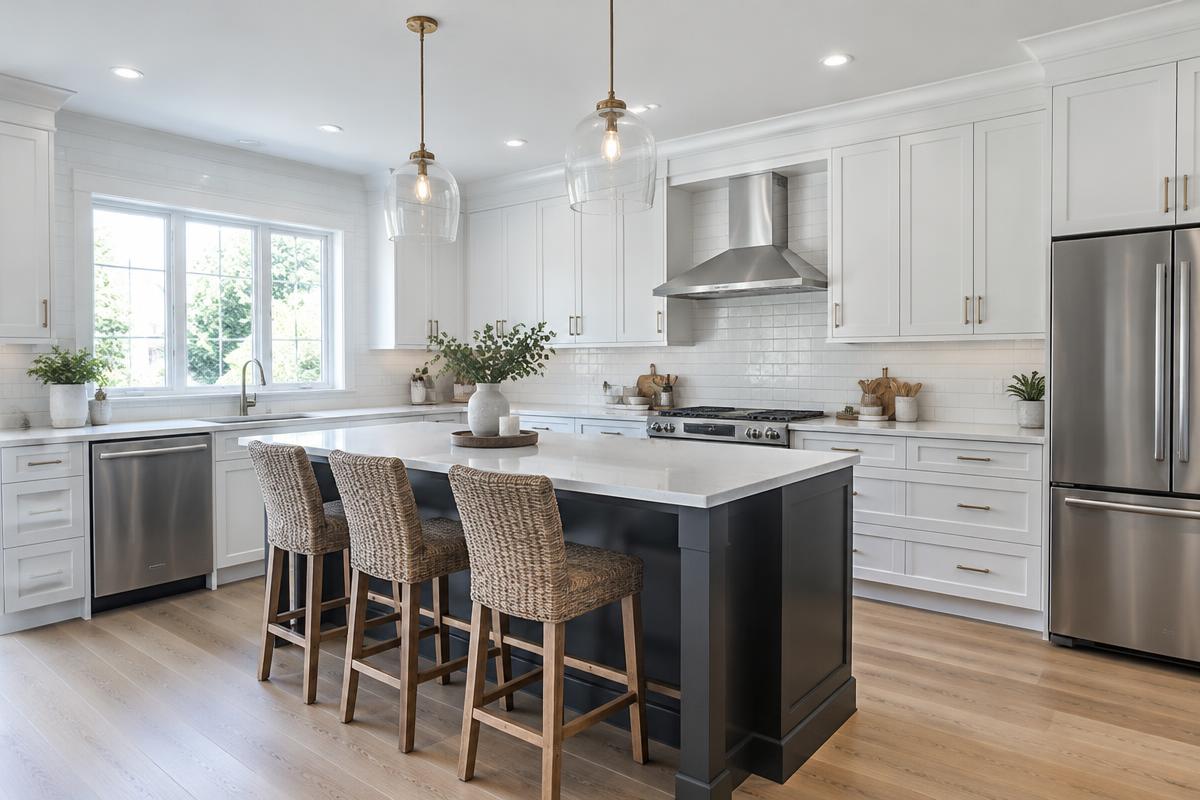 Updated kitchen with white shaker cabinets, a dark island and pendant lights