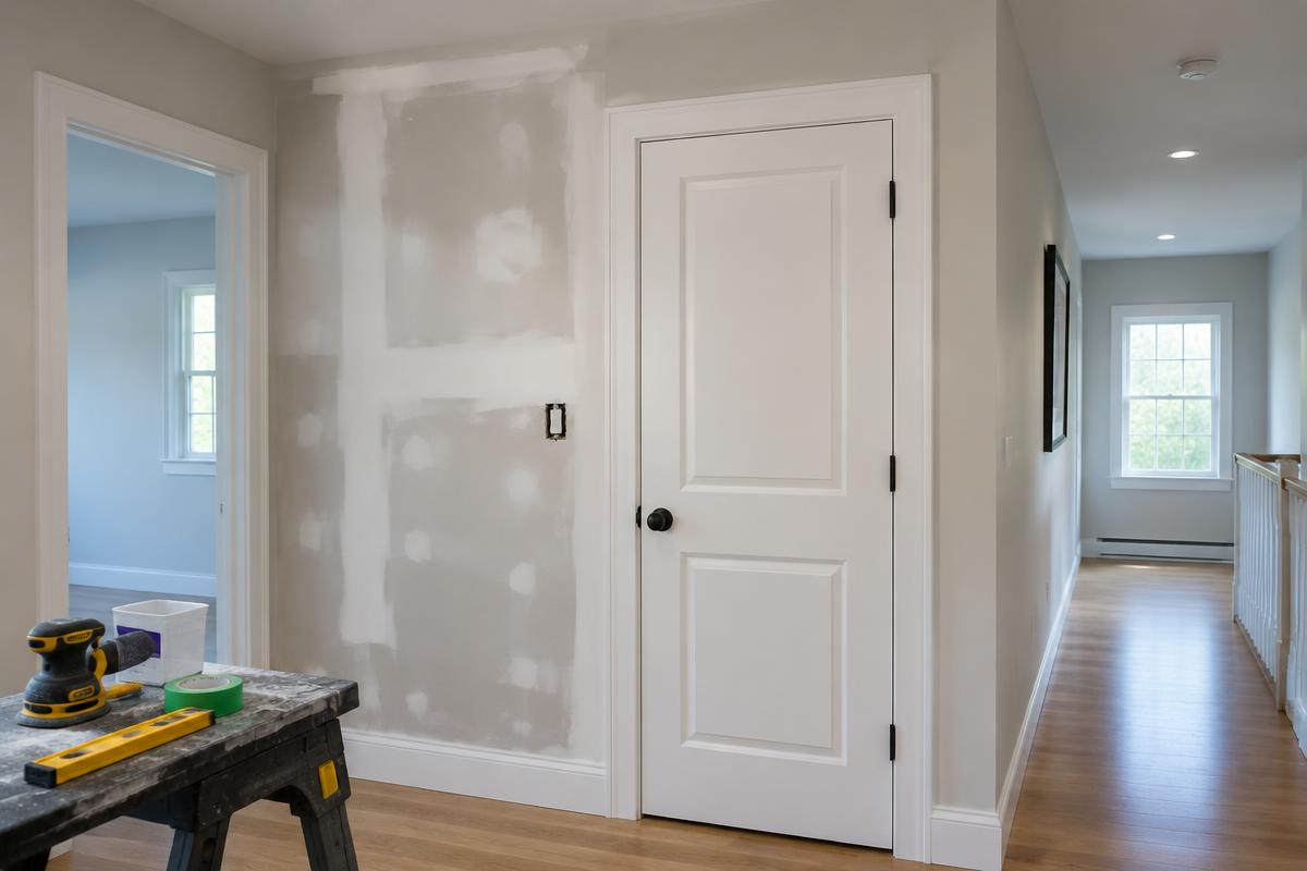 Hallway with patched drywall and a newly installed white interior door