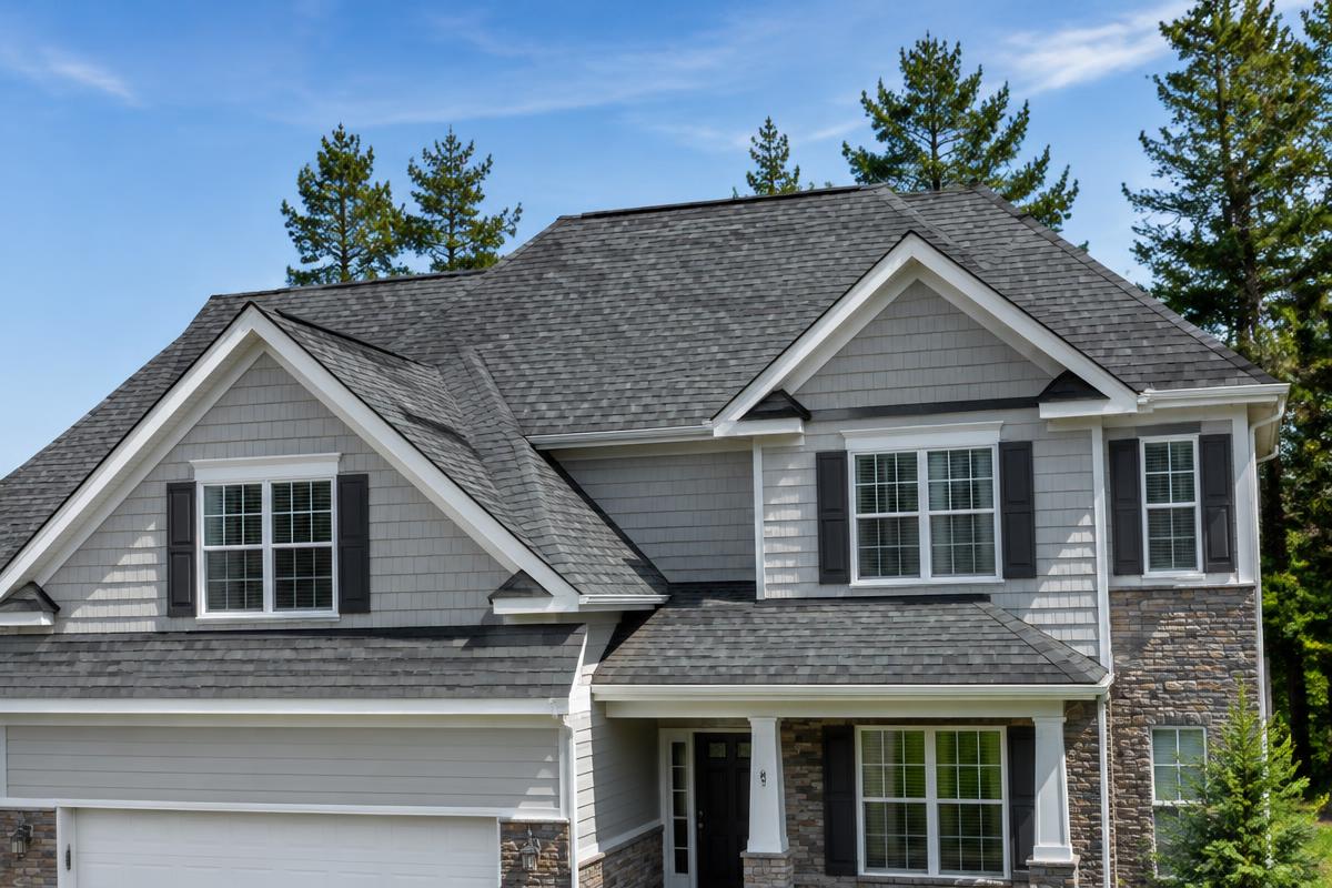 Two-story home with a new charcoal architectural shingle roof